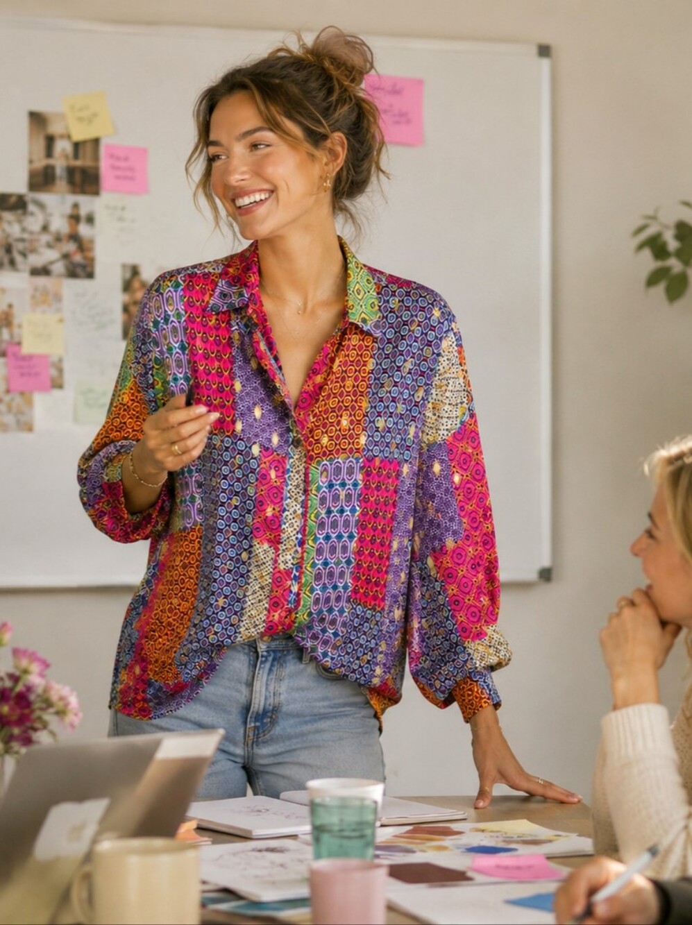 Never Fully Dressed Multicolor Geometric Print Satin Blouse Size M